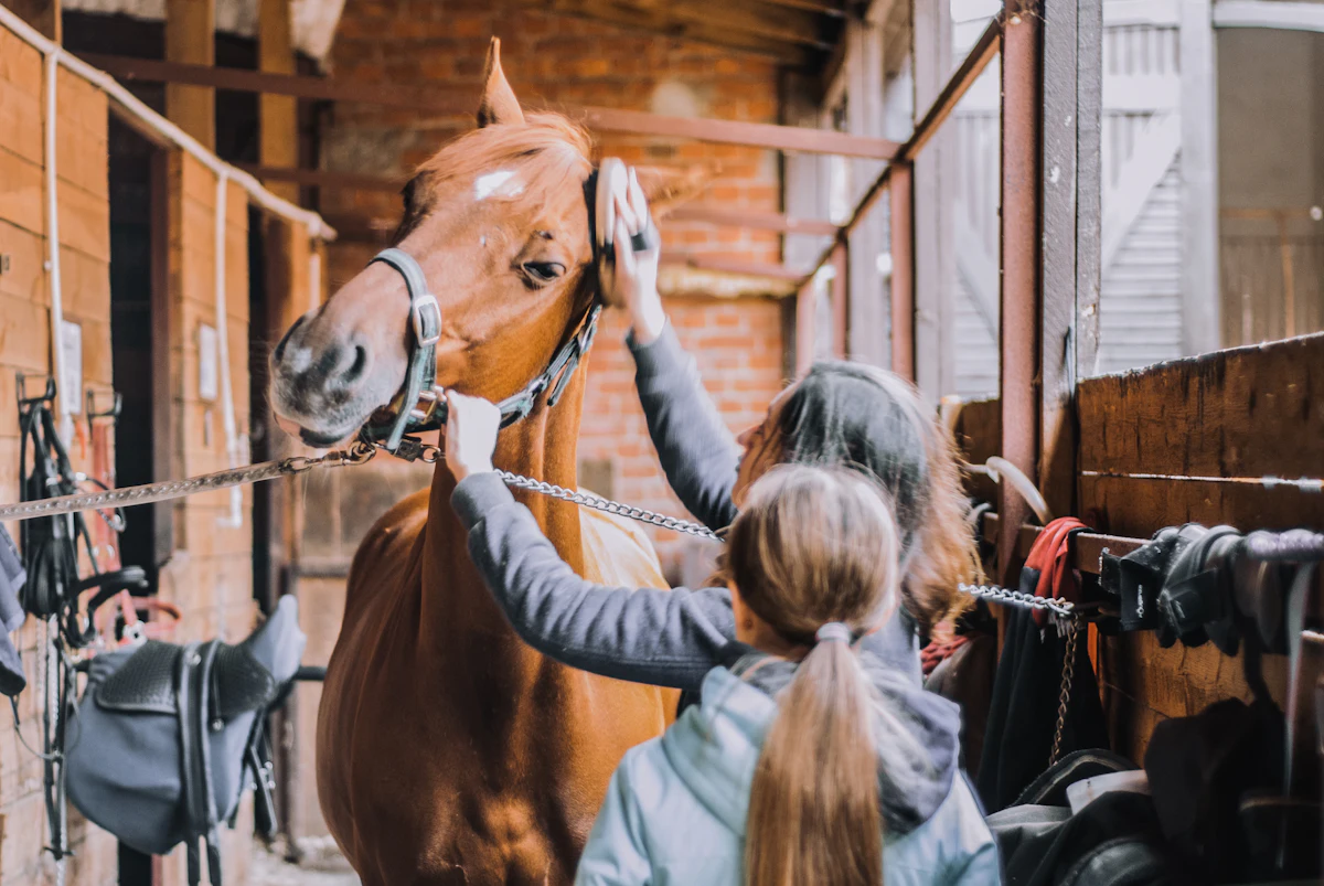 Two girls caring for a horse in the stable