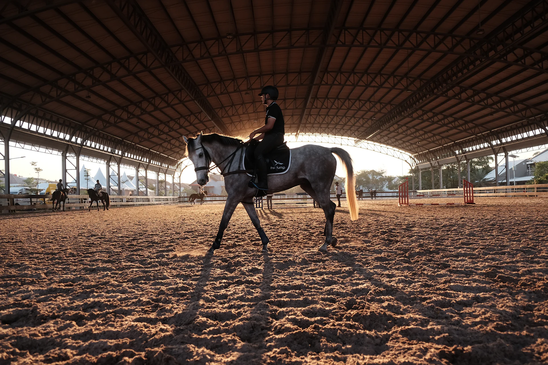 Rider on a grey horse in a covered riding arena