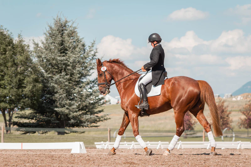 A rider schooling a chestnut horse in a dressage arena