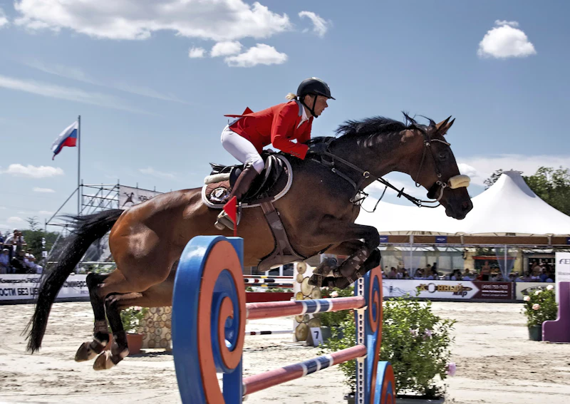A rider in a red jacket jumping a fence