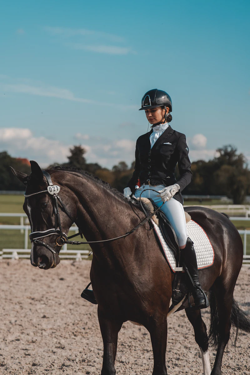 A young rider in a helmet on a dark bay horse